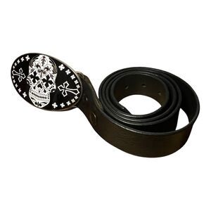 King Baby Studio Skull Belt Buckle Dia De Los Muertos Black Leather Belt Size 38